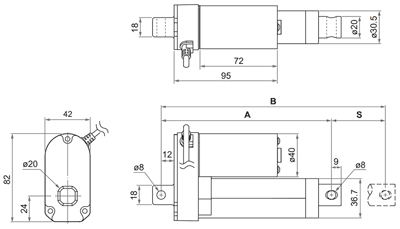 Dimensions of linear actuators LD3-12-10-K3 / LD3-24-10-K3