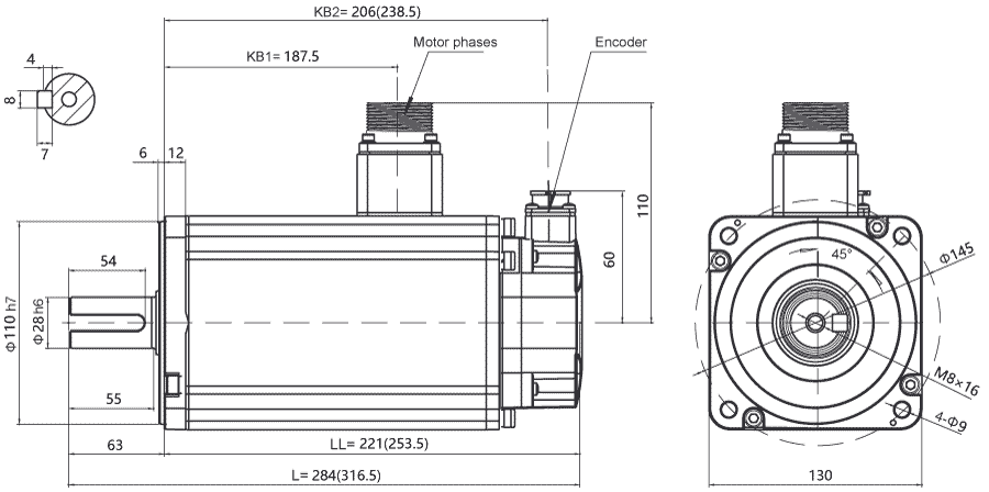 Dimensions of AC servo motor EM3A-50