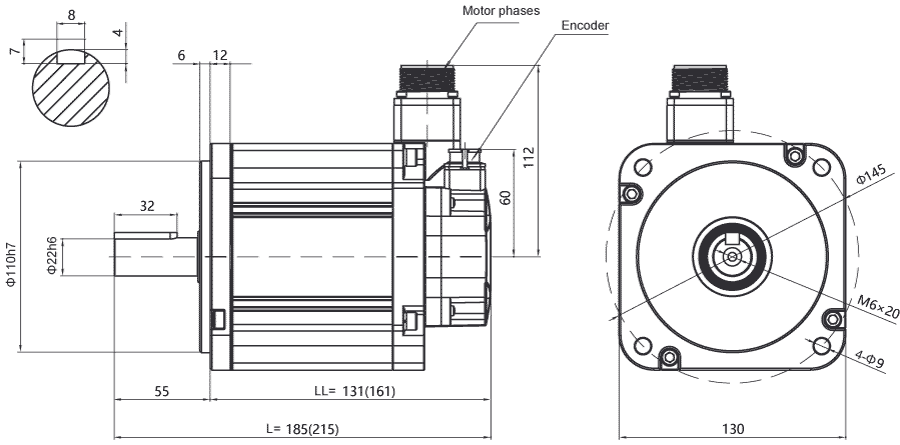 Dimensions of AC servo motor EM3G-09