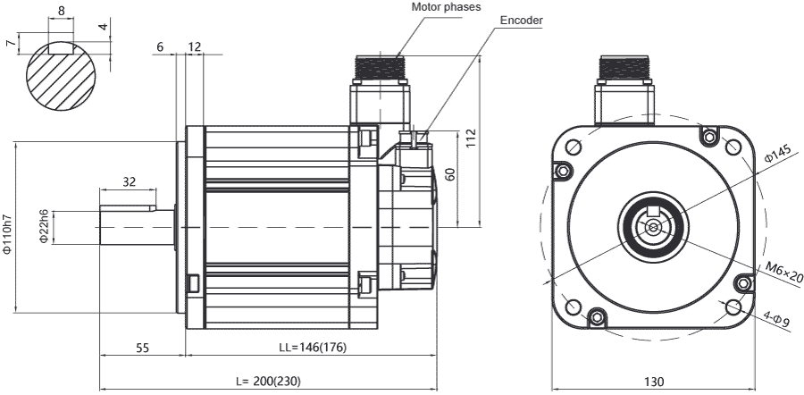 Dimensions of AC servo motor EM3G-13