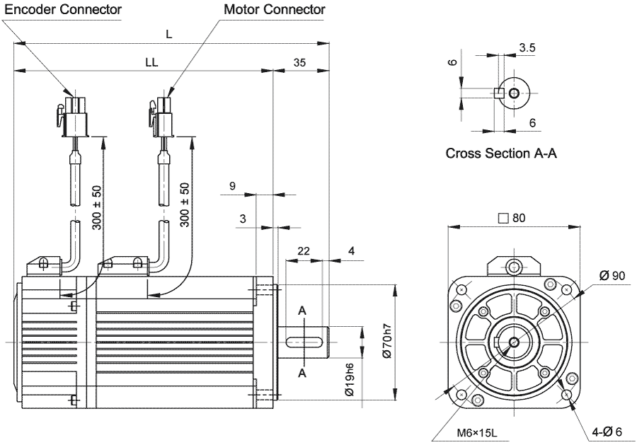 Dimensions of AC servo motor EMJ-08