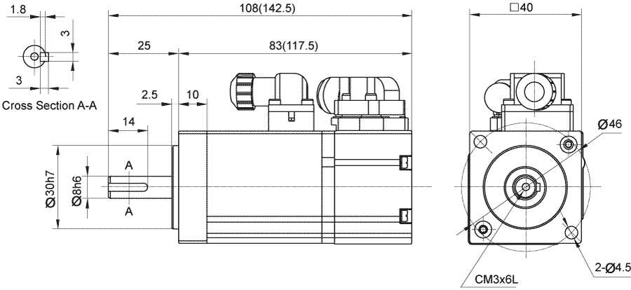Dimensions of AC servo motor EMJ-A5