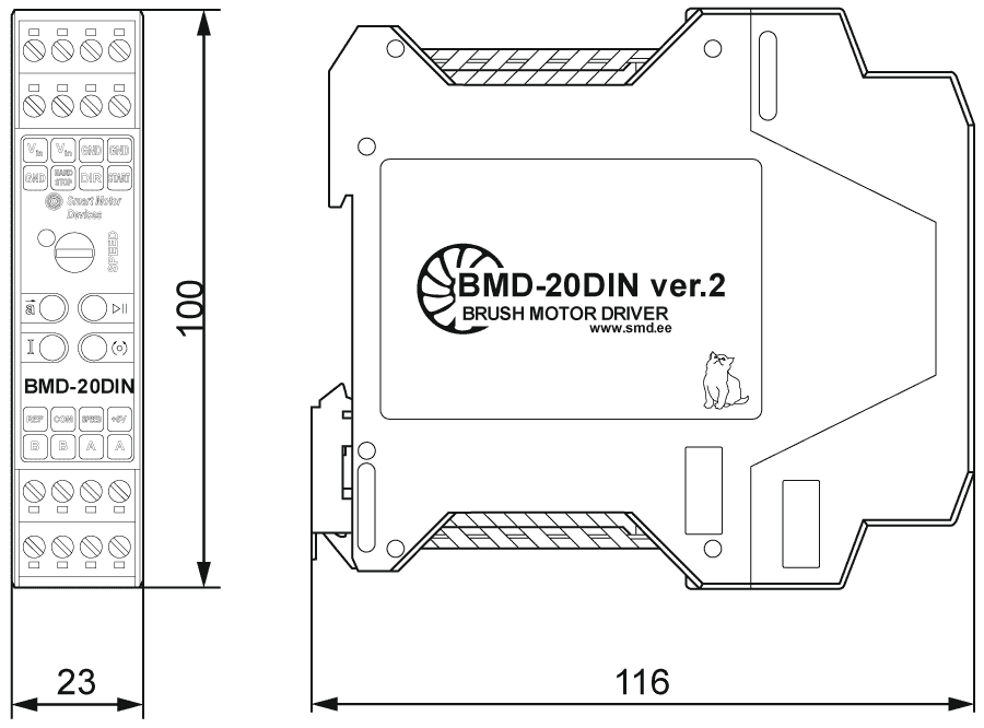 Dimensiones del controlador de motor CC cepillado BMD-20DIN ver.2