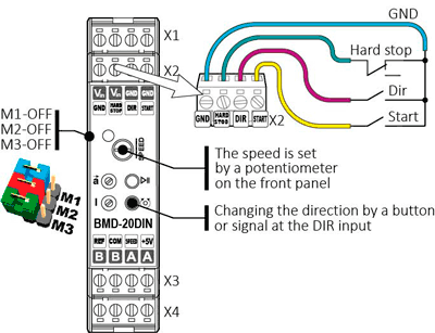 Control de velocidad del motor de CC con un potenciómetro interno. Esquema de conexión