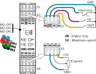 DC brush motor speed control using an internal potentiometer. Connection diagram