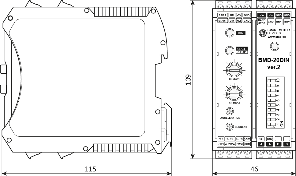Dimensions of DC brush motor controller BMD-20DIN ver.2.1