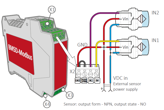 Connection example of proximity sensors to the inputs of the BMSD-20Modbus controller