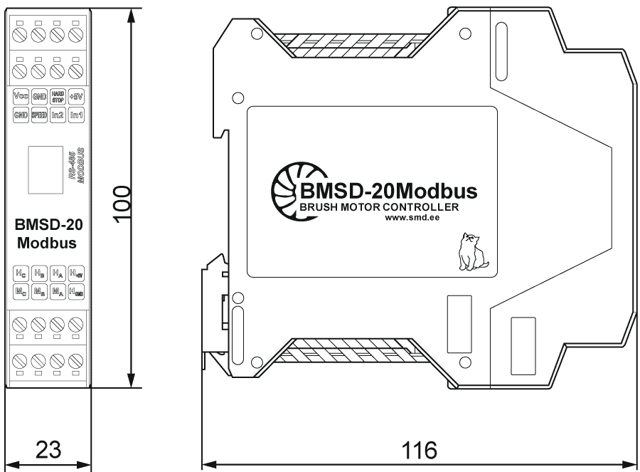 Dimensions of DC brush motor controller BMSD-20Modbus