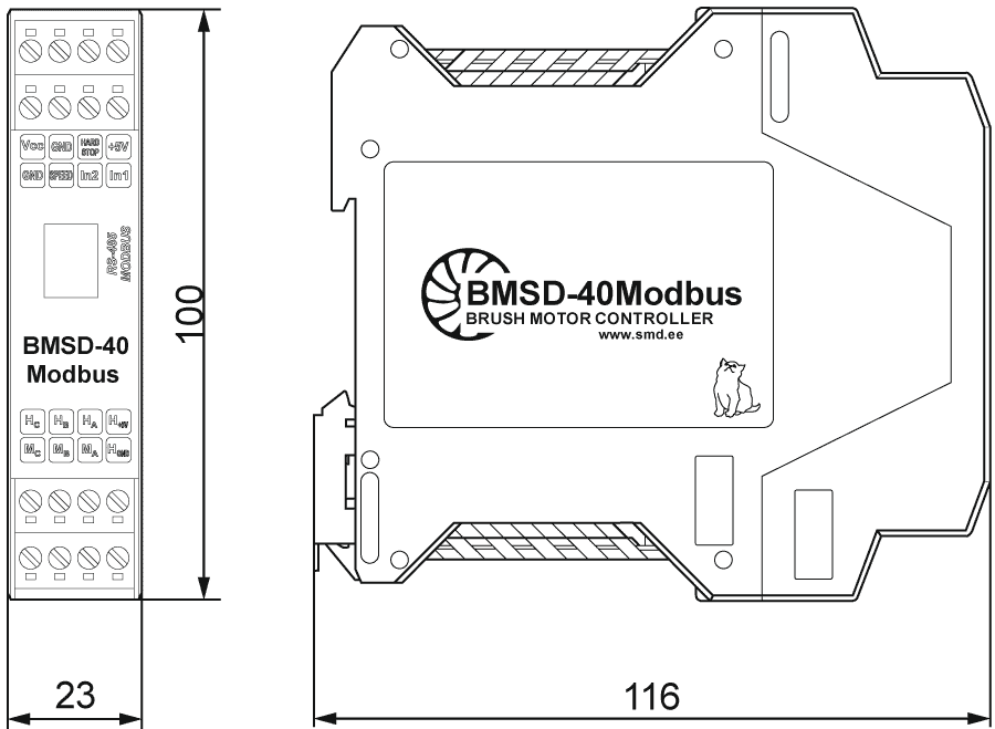 Dimensions of DC brush motor controller BMSD-40Modbus