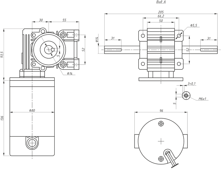 Dimensions of brush DC gearmotor SM7152W