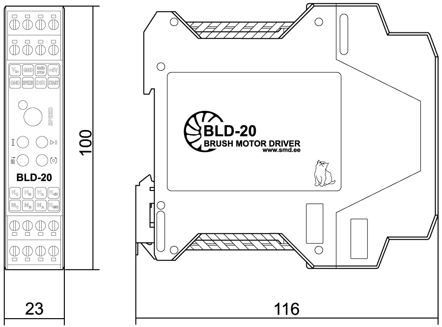 Dimensiones del controlador de motor DC sin escobillas BLD-20DIN