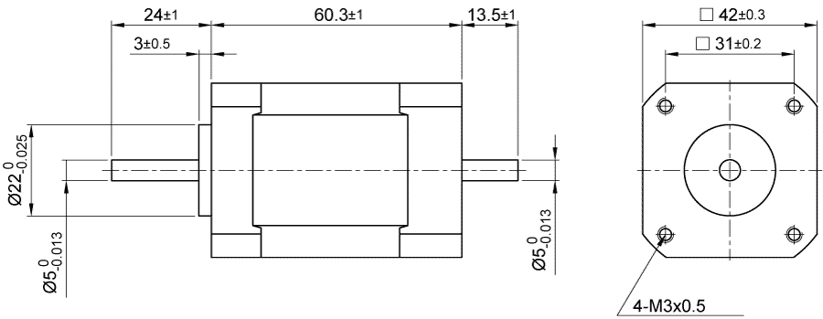 Dimensions of brushless DC motor DB42M03