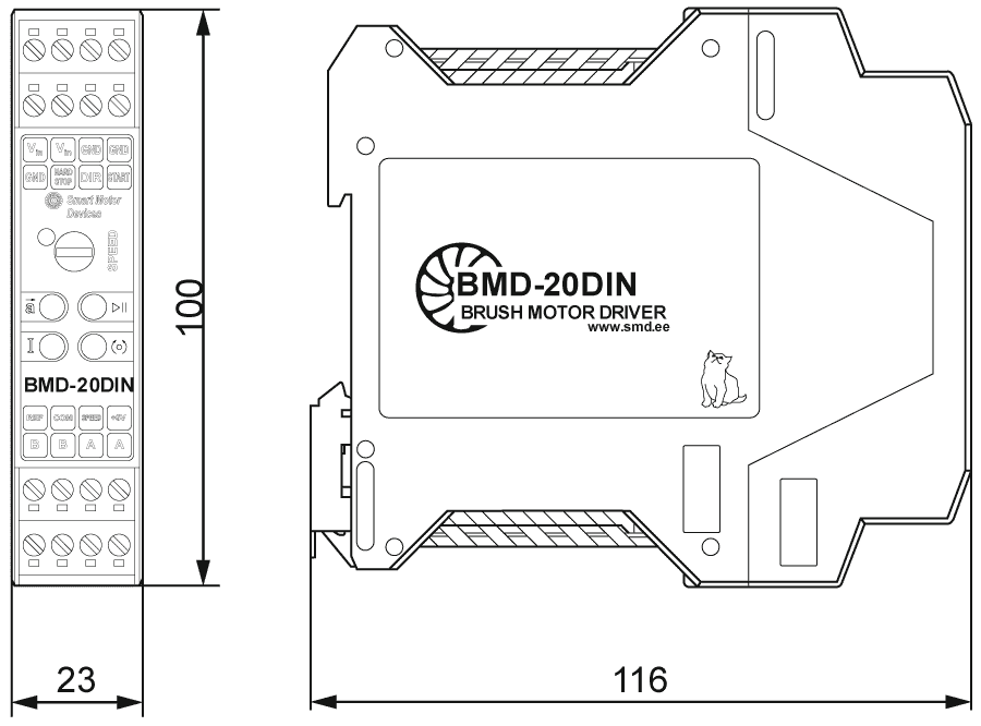 Dimensiones del controlador de actuadores lineales CC BMD-20DIN-L