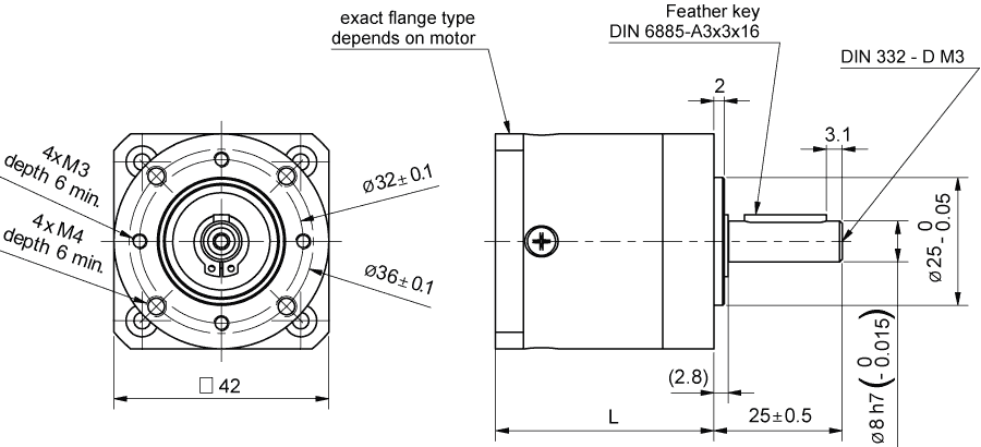 Dimensions of high torque planetary gearbox GP42