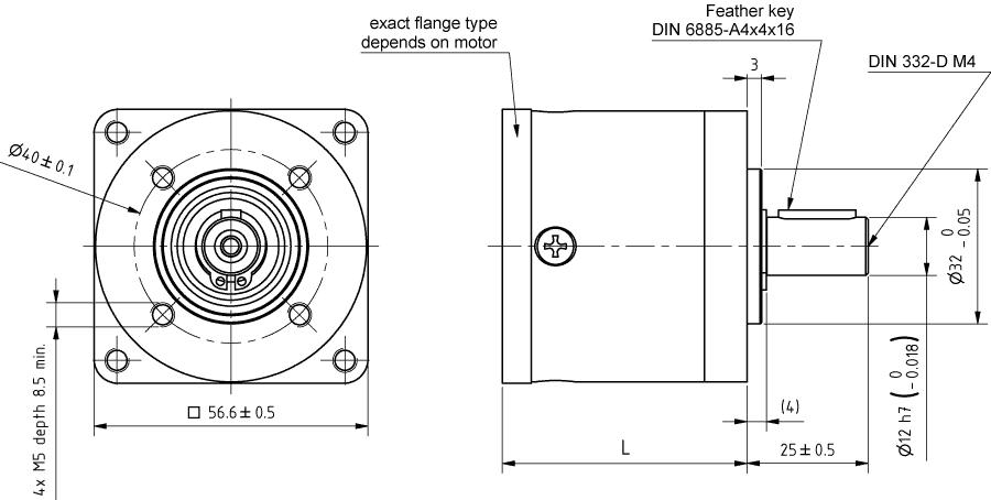 Dimensions of GP56 with standard bearings for NEMA 23 and NEMA 24 motor sizes
