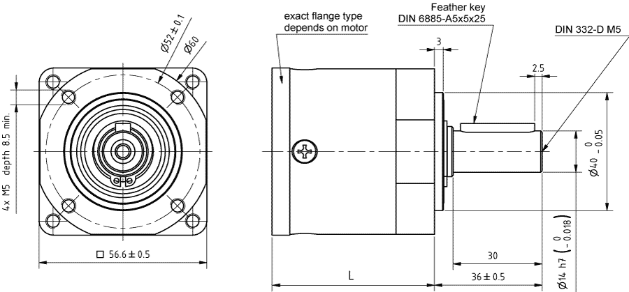 Dimensiones del GP56 con rodamientos reforzados para tamaños de motor NEMA 23 y NEMA 24