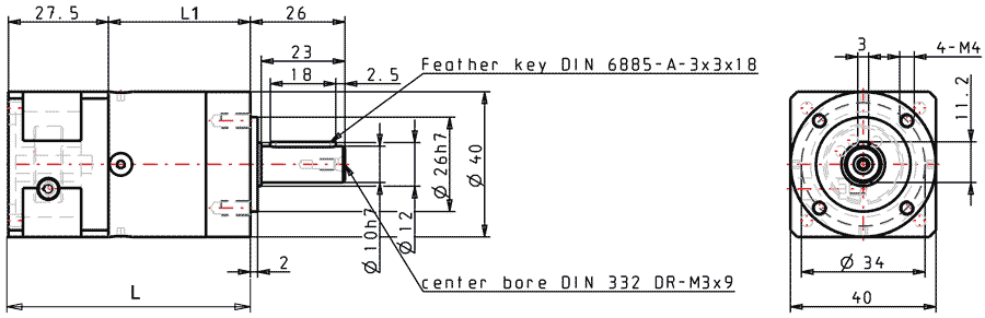 Dimensions of GPLE40 for NEMA 17 motor size