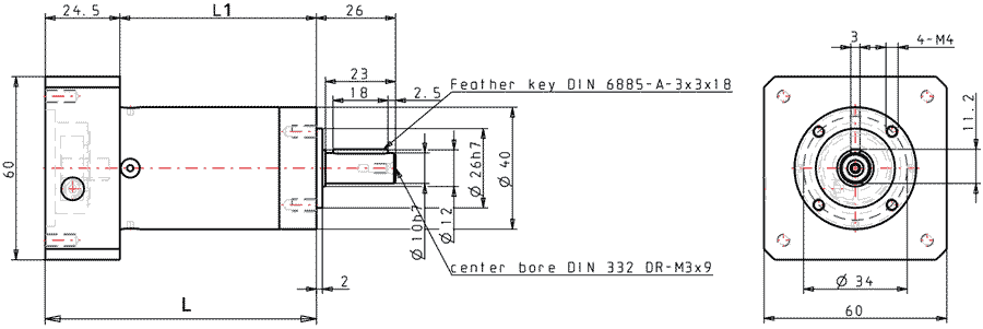 Dimensiones de GPLE40 para tamaños de motor NEMA 23 y NEMA 24