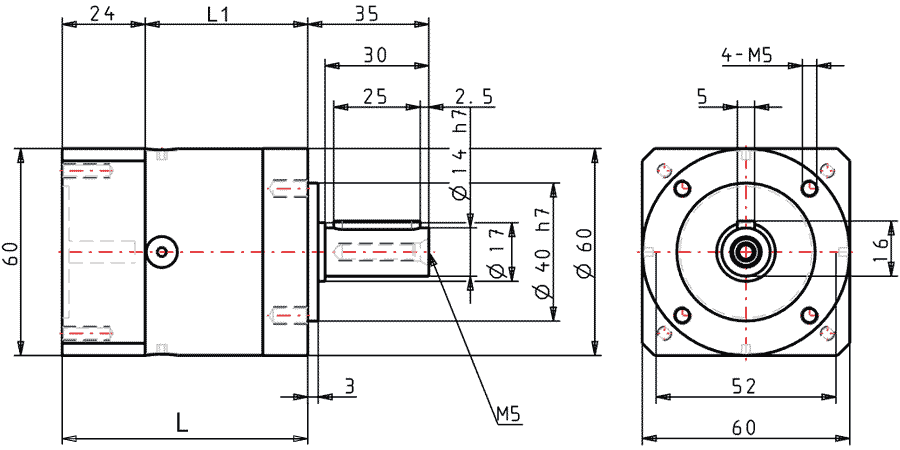 Dimensions of GPLE60 for NEMA 23 and NEMA 24 motor sizes