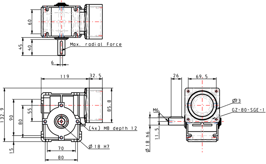 Dimensiones del reductor de tornillo sin fin GSGE80