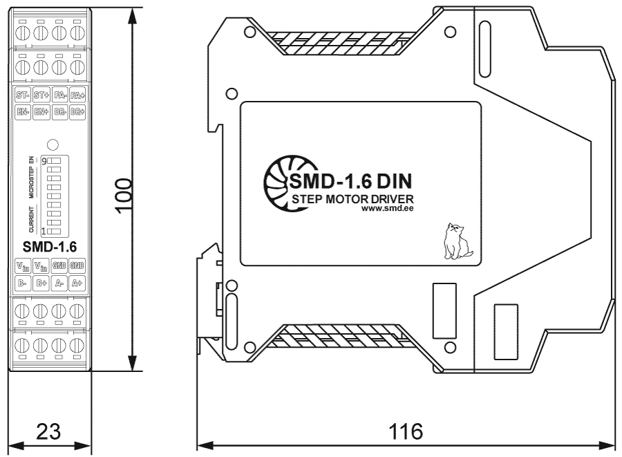 Dimensions of stepper motor driver SMD-1.6DIN