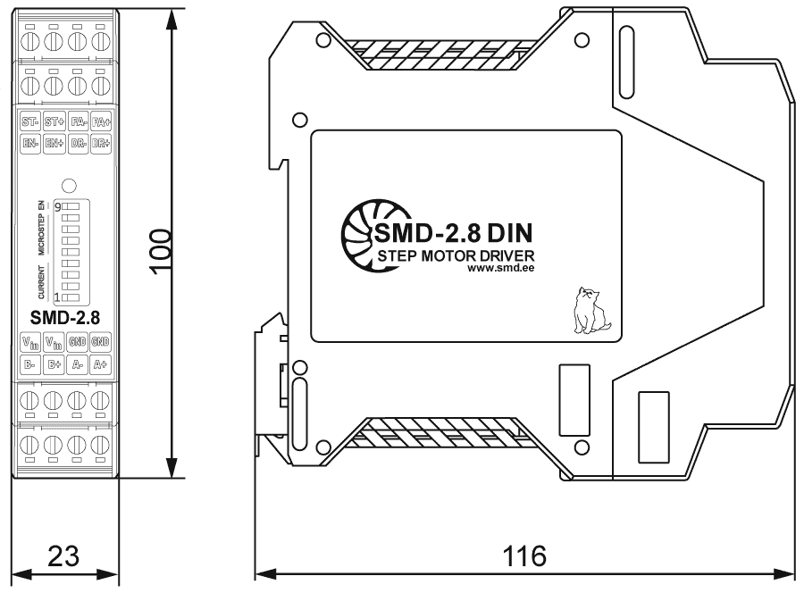 Dimensions of stepper motor driver SMD-2.8DIN