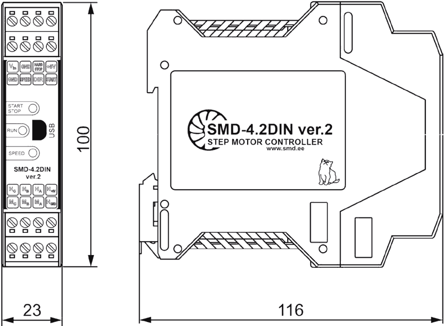 Dimensions of stepper motor driver SMD-4.2DIN ver.2