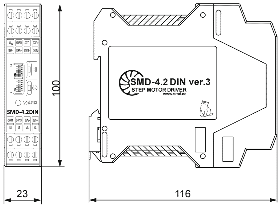 Dimensions of stepper motor driver SMD-4.2DIN ver.3