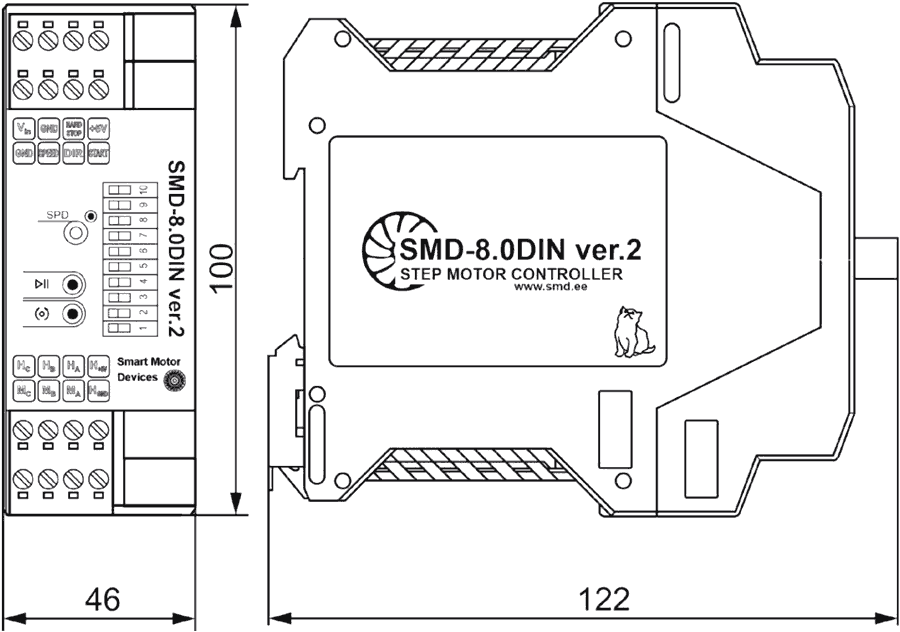 Dimensions of stepper motor driver SMD-8.0DIN ver.2