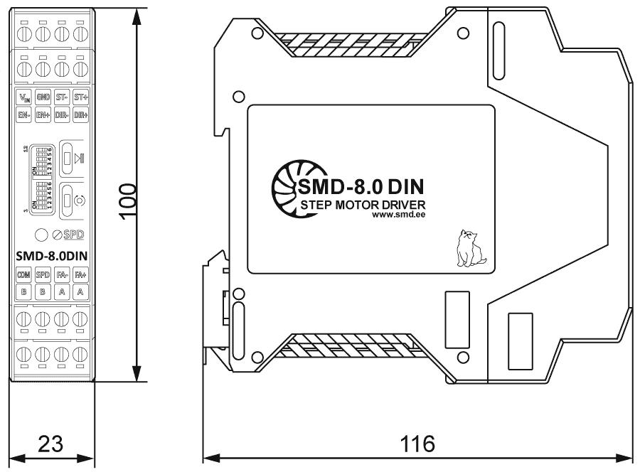 Dimensions of stepper motor driver SMD-8.0DIN ver.3