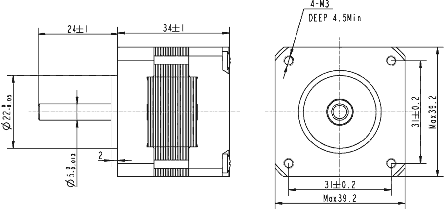 Dimensions of stepper motor FL39ST34-0306A