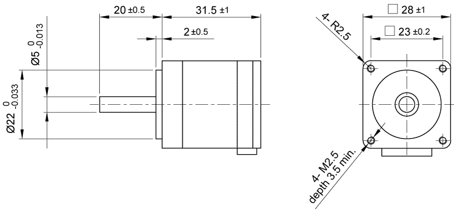 Dimensiones del motor paso a paso ST2818S1006-A