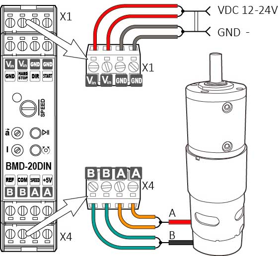 Connection  of the DC brush motor speed controller BMD-20DIN ver.2